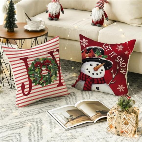 Merry Christmas Let It Snow Joy Stripes Gift Box Red Throw Pillow Covers,18x18in - Picture 4 of 7